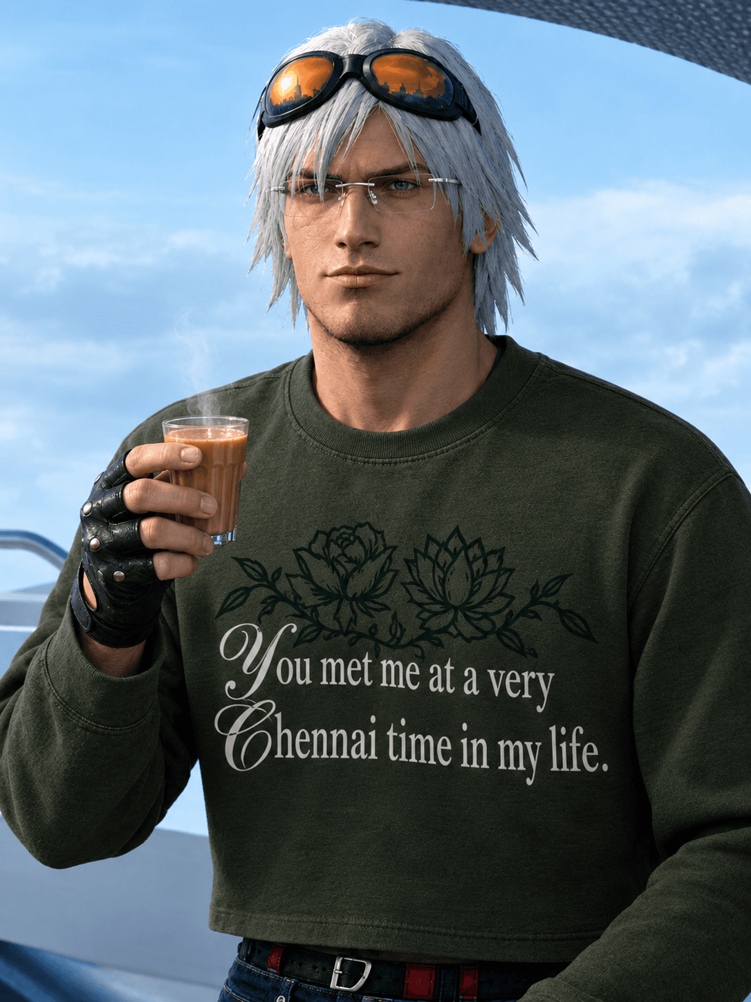 Wearing the Chennai Time sweatshirt with a glass of chai