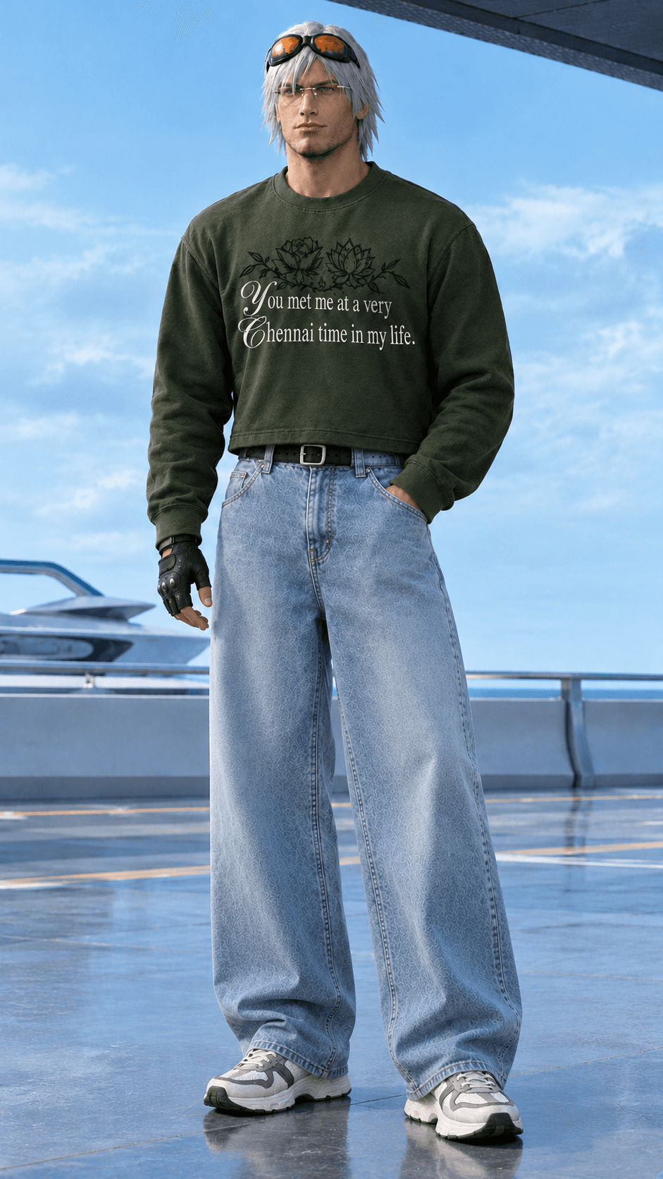Full-length look in the Chennai Time sweatshirt with wide jeans